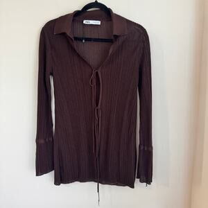 Zara Front Tie Ribbed Long Sleeve Cardigan Brown Women's Sz S